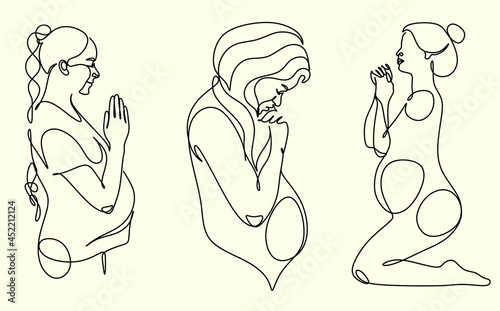 Pregnant woman one line drawing on white isolated background. Vector illustration	