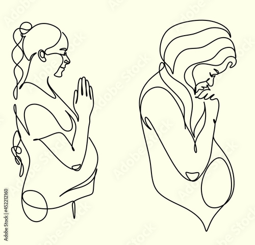 Pregnant woman one line drawing on white isolated background. Vector illustration	