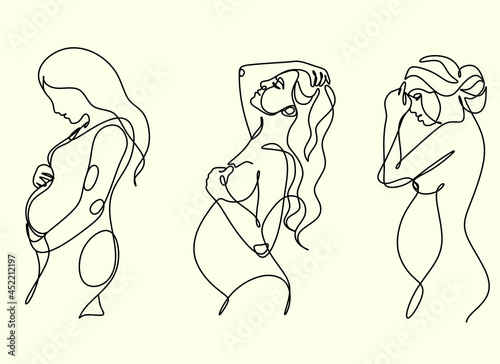 Pregnant woman one line drawing on white isolated background. Vector illustration	