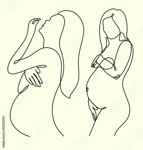 Pregnant woman one line drawing on white isolated background. Vector illustration	