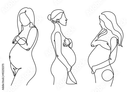 Pregnant woman one line drawing on white isolated background. Vector illustration	