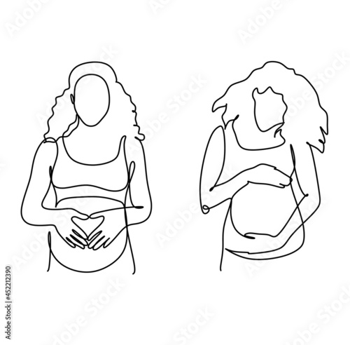 Pregnant woman one line drawing on white isolated background. Vector illustration	