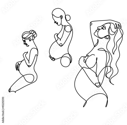 Pregnant woman one line drawing on white isolated background. Vector illustration	
