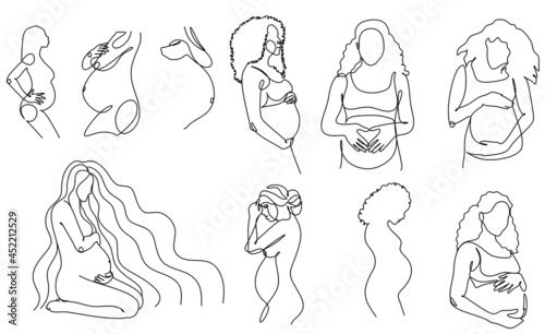 Pregnant woman one line drawing on white isolated background. Vector illustration	