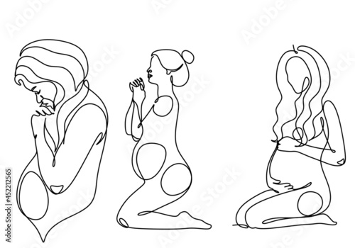 Pregnant woman one line drawing on white isolated background. Vector illustration	