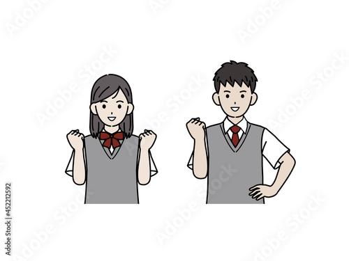 ガッツポーズをする学生　やる気　中高生　高校生　中学生　男女　イラスト素材