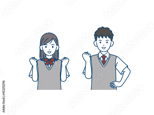 ガッツポーズをする学生　やる気　中高生　高校生　中学生　男女　イラスト素材