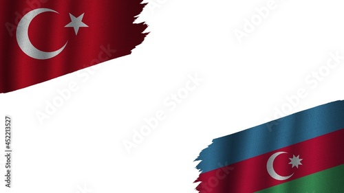 Azerbaijan and Turkey Turkish Flags Together, Wavy Fabric Texture Effect, Obsolete Torn Weathered, Crisis Concept, 3D Illustration