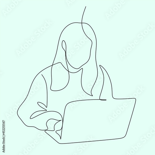 Continuous one single line drawing of woman relaxing at home using laptop computer for video call, skype. Happy young cute girl who wave hand smiling looks at pc screen. Vector illustration