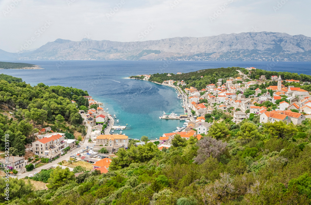 Spectacular view on Povlja town located on the north coast of Brac island in Croatia