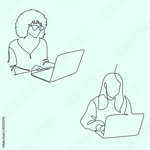 Continuous one single line drawing of woman relaxing at home using laptop computer for video call, skype. Happy young cute girl who wave hand smiling looks at pc screen. Vector illustration