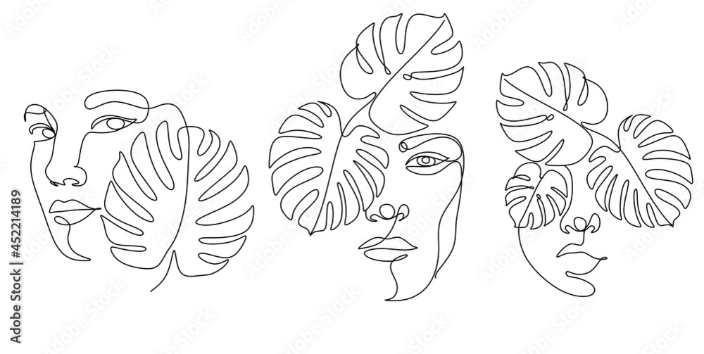 Monstera leaf with woman face line art style. Minimalist female ...