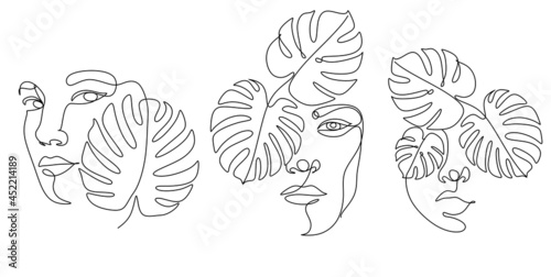 Monstera leaf with woman face  line art style. Minimalist female portrait one line art drawing tropical palm vector illustration isolated. Simple con for spa salon or organic cosmetics
