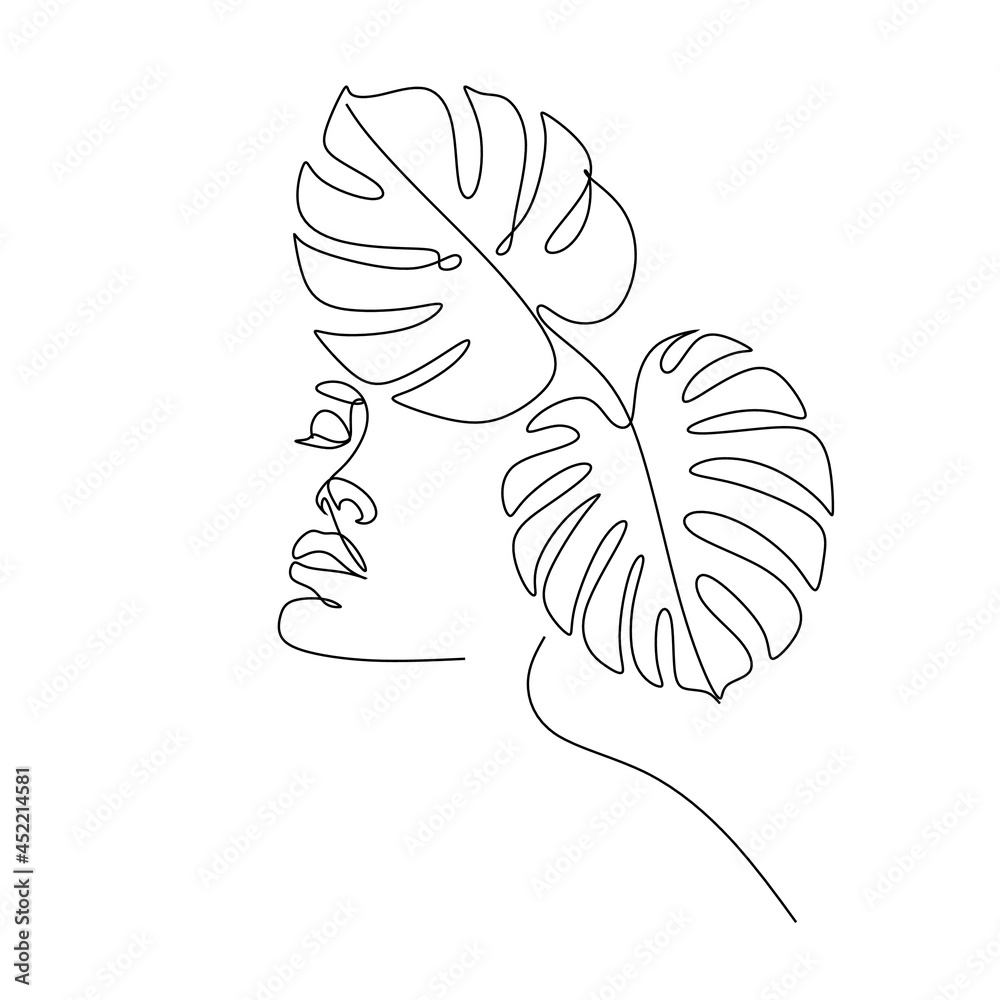 Monstera leaf with woman face line art style. Minimalist female