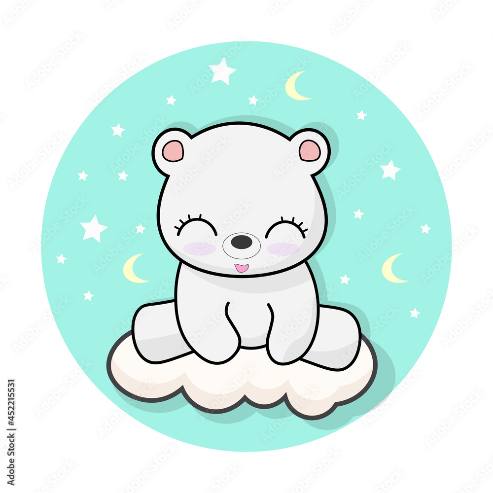 Cute Polar Bear on a Cloud with Stars and the Moon