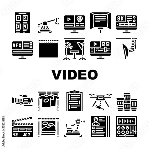 Video Production And Creation Icons Set Vector. Camera And Cart For Operator, Clapperboard And Teleprompter Video Production Equipment Line. Actor Casting Scenario Glyph Pictograms Black Illustrations