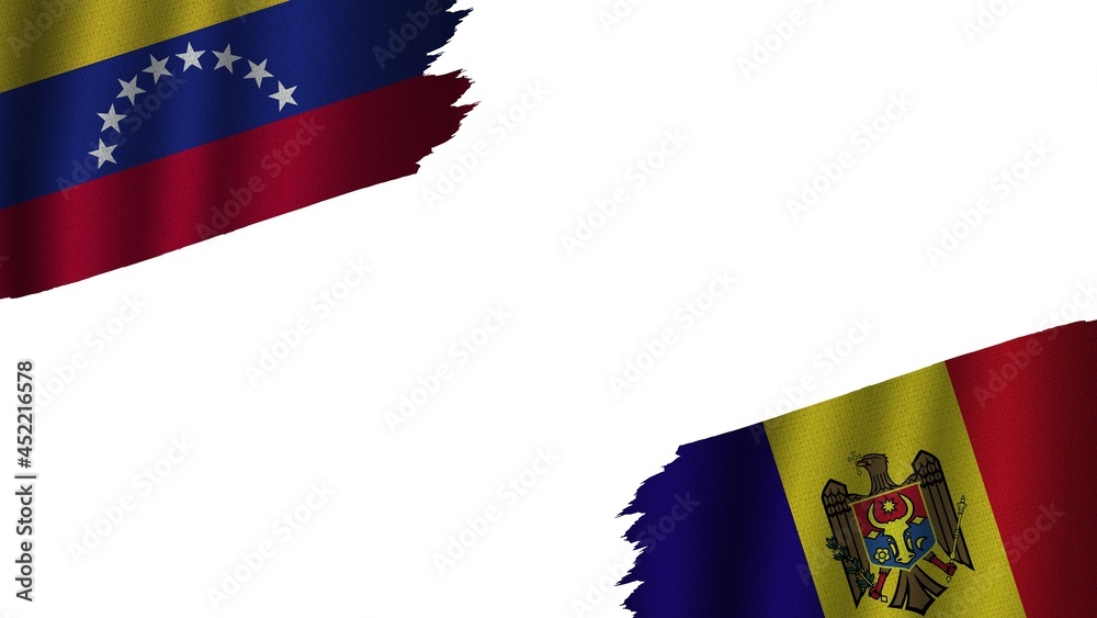 Moldova and Venezuela Flags Together, Wavy Fabric Texture Effect, Obsolete Torn Weathered, Crisis Concept, 3D Illustration
