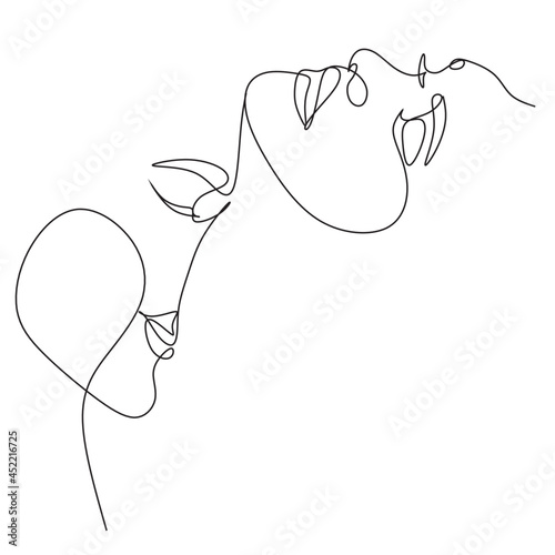 One Line Art Couple, Line Art Men and woman, Minimal Face Vector.  Couple print, Kiss print, Valentines Day Illustration. Love poster. 2 faces. We are one line. 