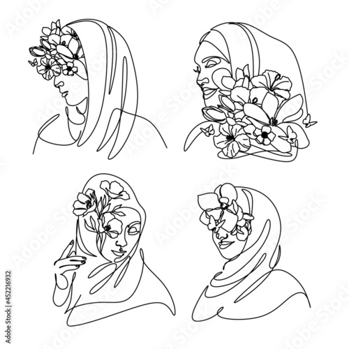 woman in hijab drawing line art. Flower face minimalist female vector. Flower head woman in hijab 