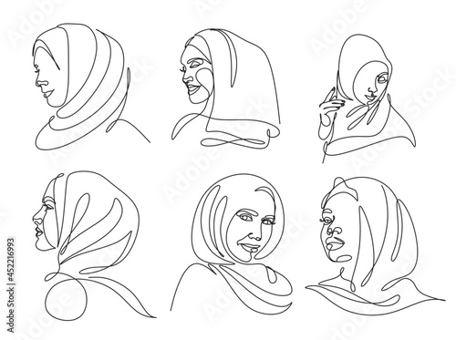 Beautiful woman in hijab drawing line art minimalist 