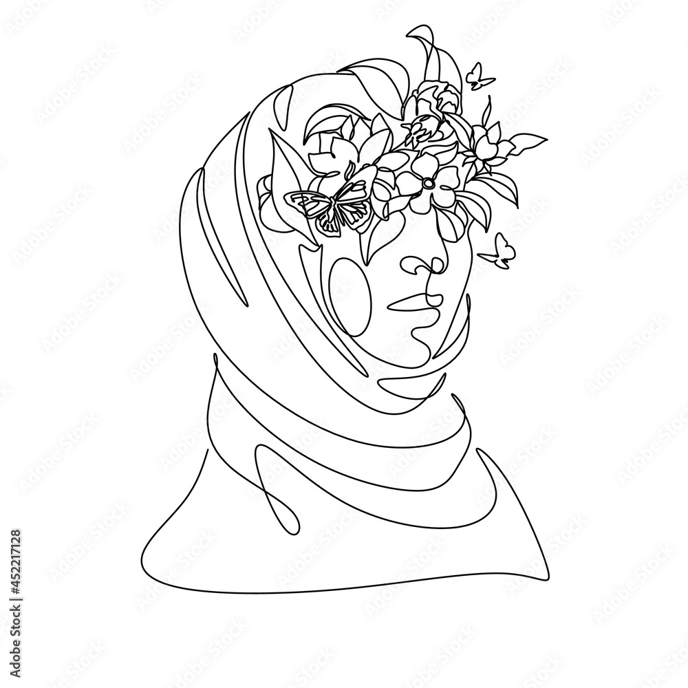 woman in hijab drawing line art. Flower face minimalist female vector