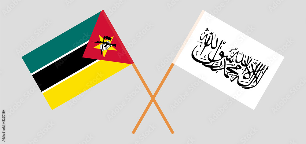 Crossed flags of Mozambique and Islamic Emirate of Afghanistan. Official colors. Correct proportion Crossed flags of Mozambique and Islamic Emirate of Afghanistan. Official colors. Correct proportion