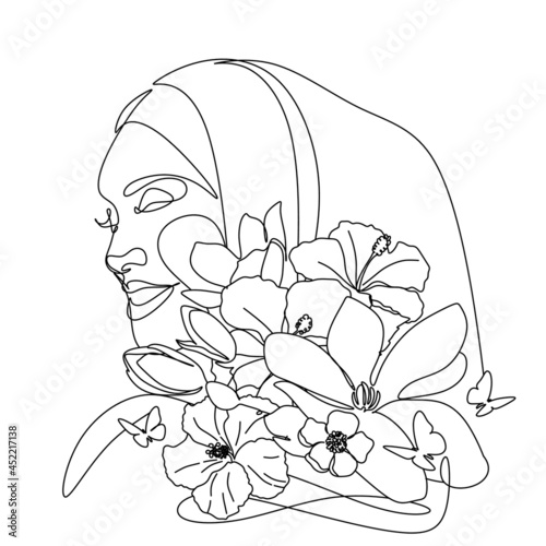 woman in hijab drawing line art. Flower face minimalist female vector. Flower head woman in hijab 