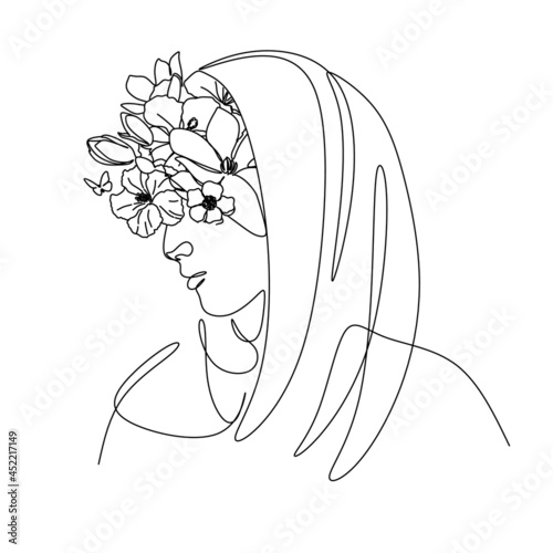 woman in hijab drawing line art. Flower face minimalist female vector. Flower head woman in hijab 