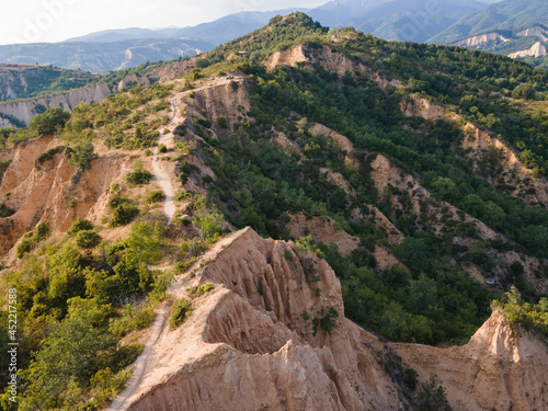 Aerial sunset view of Rozhen sand pyramids, Bulgaria