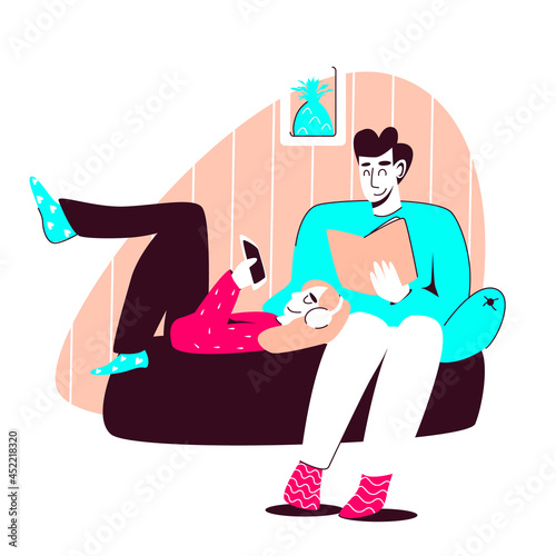 Happy Couple Resting at Home and Reading Books. Man and Woman on Sofa with Book and phone. Vector illustration isolated on white background