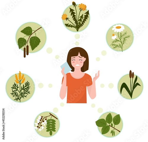 The girl has an allergic reaction. Allergic reaction to different types of plants. Pollen of birch, alder, acacia, bloom dandelion, chamomile, ragweed. Allergy concept. Vector illustration. 