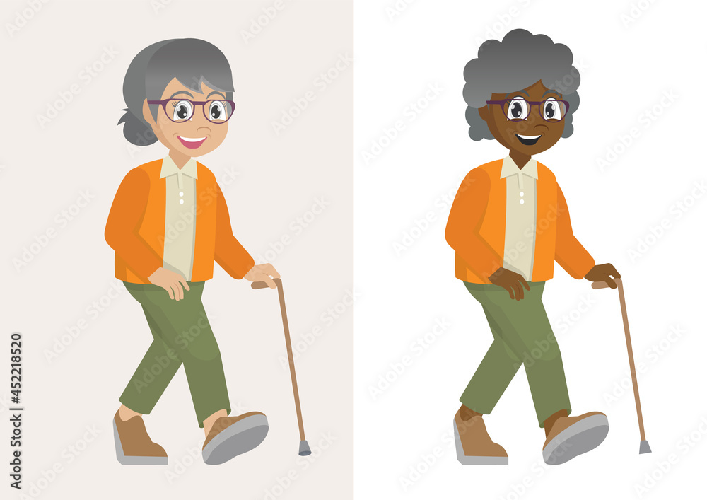 Grandmother walking with walking stick.,vector eps10 Grandmother walking with walking stick.,vector eps10