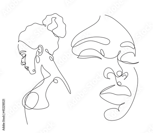 Line Art Woman Face Drawing. Black Woman Vector. Afro American Female Logo. Contouring Line. Minimalist Face. Beauty salon