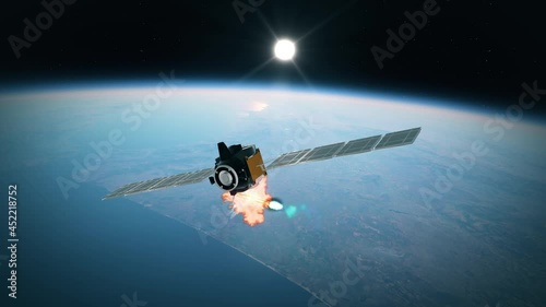 Shooting down a satellite in orbit with a missile: A missile heads towards a satellite blowing it into pieces and making more of space debris