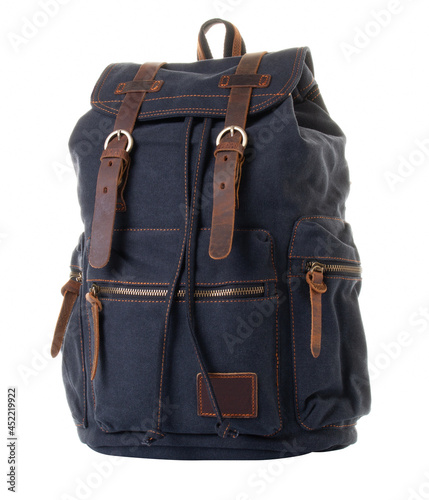 Black textile backpack for men. Decorative elements made of genuine brown leather. On a white background