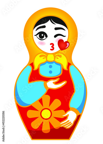 Matryoshka, emotions, emoticons, female face, painted face, doll, Russian doll, kiss, fashion, printing, Internet, application, girl, dress, bright dress, beautiful eyebrows, cartoon, tradition