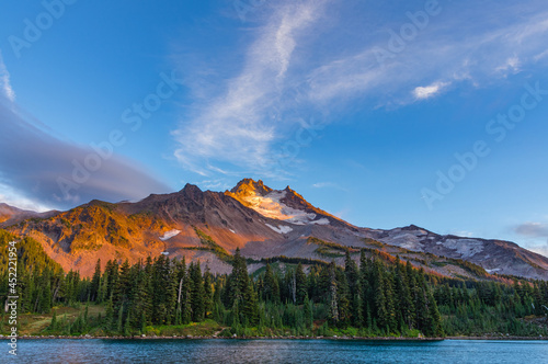 Mt Jefferson and Scout Lake with clouds at sunset..Oregon Cascade Mountains photo