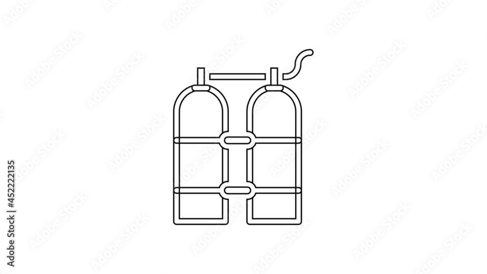 Black line Aqualung icon isolated on white background. Oxygen tank for diver. Diving equipment. Extreme sport. Diving underwater equipment. 4K Video motion graphic animation
