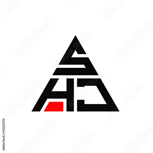 SHJ triangle letter logo design with triangle shape. SHJ triangle logo design monogram. SHJ triangle vector logo template with red color. SHJ triangular logo Simple, Elegant, and Luxurious Logo. SHJ 
