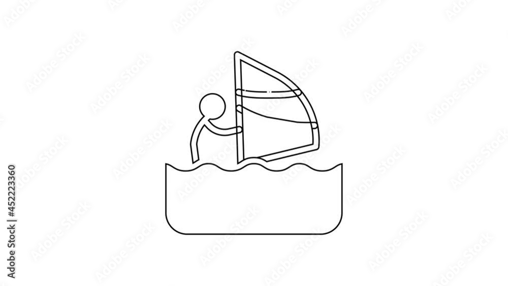 Black line Windsurfing icon isolated on white background. 4K Video motion graphic animation Black line Windsurfing icon isolated on white background. 4K Video motion graphic animation