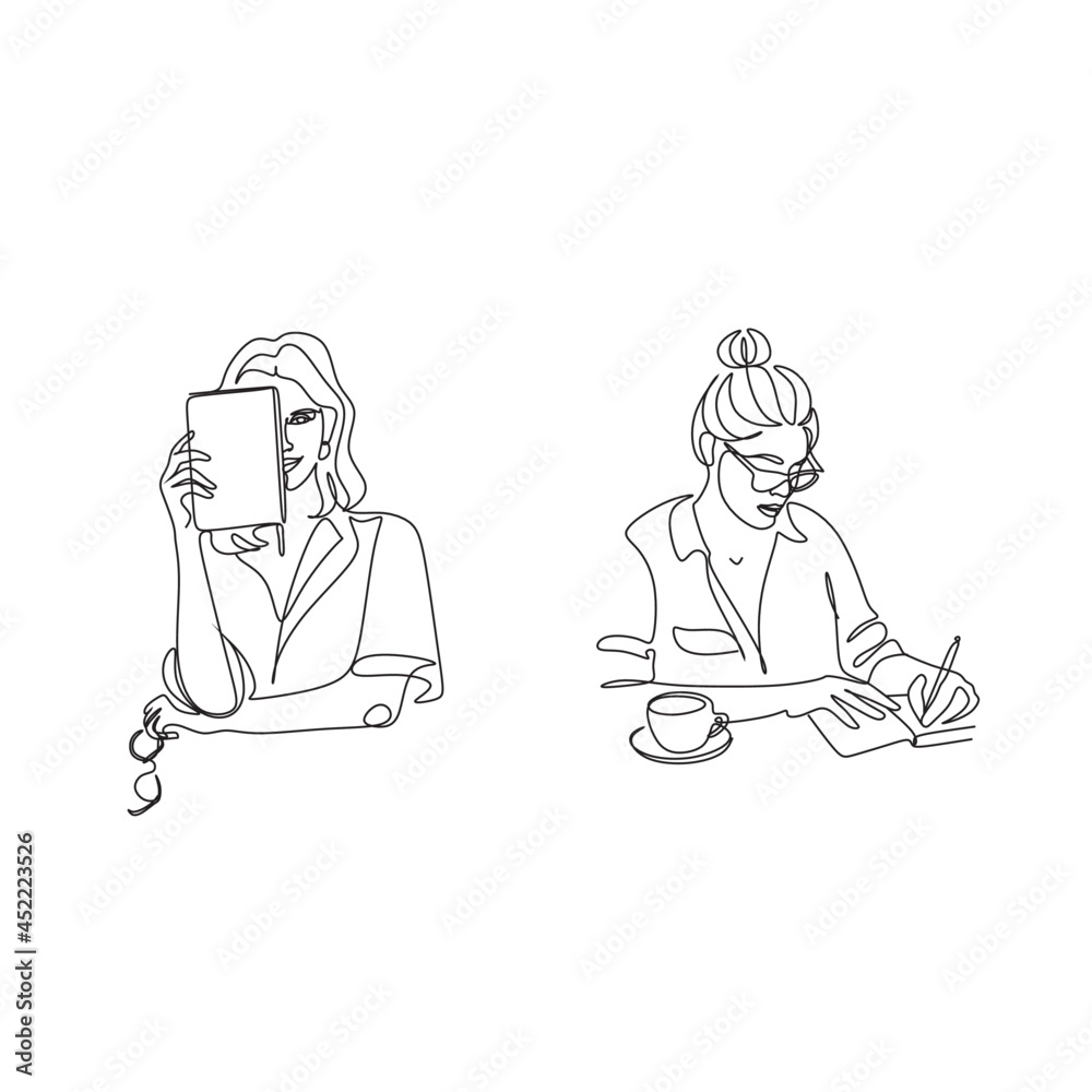 One line drawing. Woman using mobile digital tablet computer work and writing. Vector illustration One line drawing. Woman using mobile digital tablet computer work and writing. Vector illustration