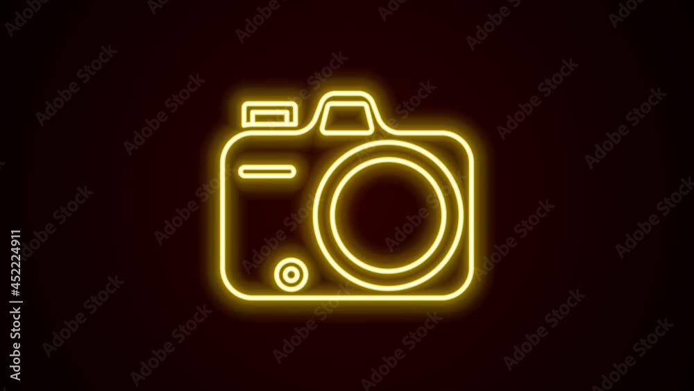 Glowing neon line Photo camera icon isolated on black background. Foto camera. Digital photography. 4K Video motion graphic animation Glowing neon line Photo camera icon isolated on black background. Foto camera. Digital photography. 4K Video motion graphic animation