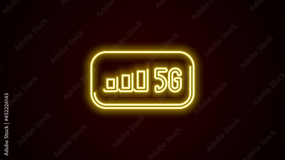 Glowing neon line 5G new wireless internet wifi connection icon isolated on black background. Global network high speed connection data rate technology. 4K Video motion graphic animation