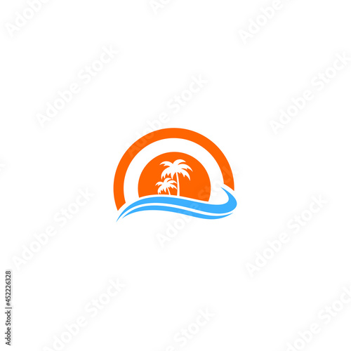Silhouette Sea Ocean Wave palm Logo inspiring sunrise design 
