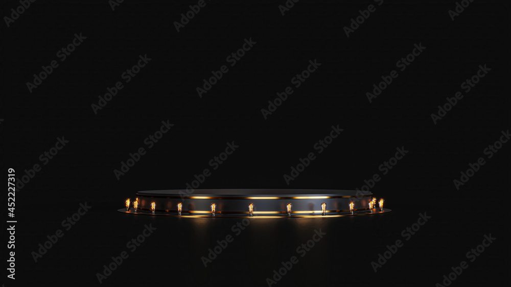 Black gold platform, shiny gold platform isolated on half black background, concept idea 3d rendering Black gold platform, shiny gold platform isolated on half black background, concept idea 3d rendering