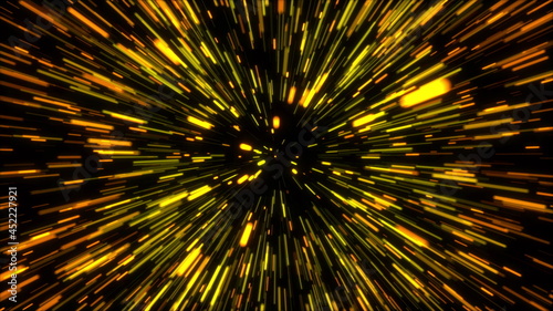 3d rendering hyper jump into another galaxy. Speed of light, neon glowing rays in motion, movement through stars. Computer generated abstract modern cosmic background.