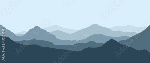 Blue mountain layers landscape illustration good for background, banner, backdrop, travel banner, nature or adventure banner, desktop wallpaper.
