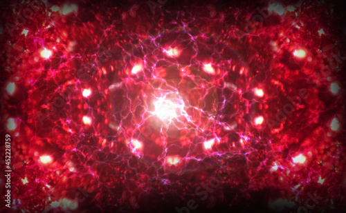 Abstract background with red lighths in scpace with lightning bolts, 3d rendering computer generated background photo