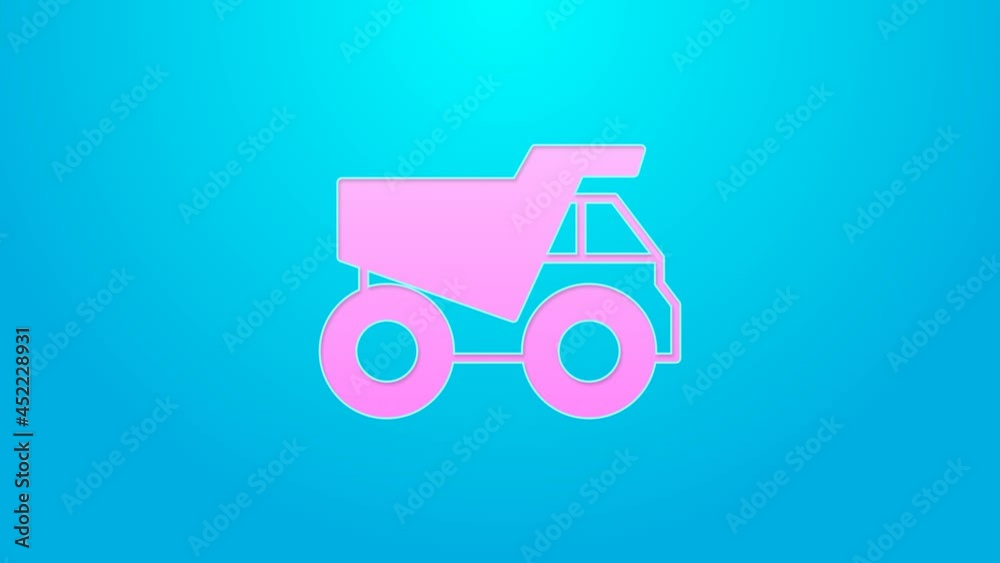 Pink line Mining dump truck icon isolated on blue background. 4K Video motion graphic animation