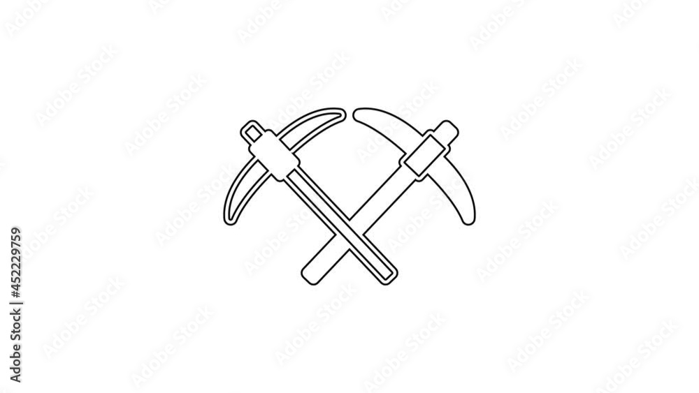 Black line Pickaxe icon isolated on white background. 4K Video motion graphic animation